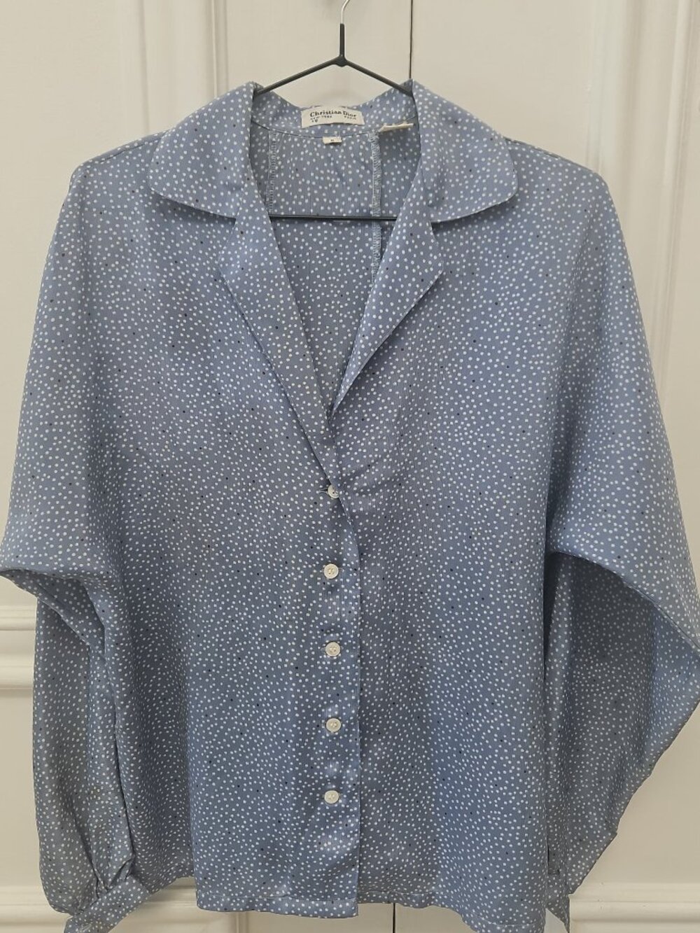 Vintage Christian Dior Blouse 70s Blue Polka Dot - Size 6